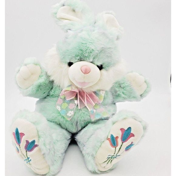 VTG‎ Dan Dee Hoppy Hopster 28" Large EASTER BUNNY Mint Green Tulip Flowers Paws - Picture 1 of 9